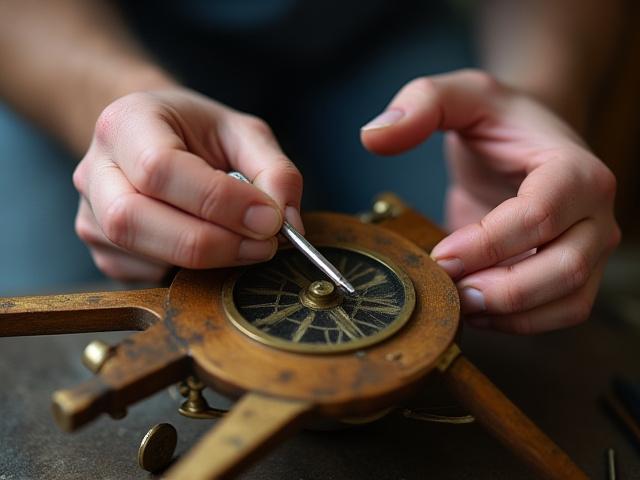 熟練された職人の手によって修復される古い木製羅針盤