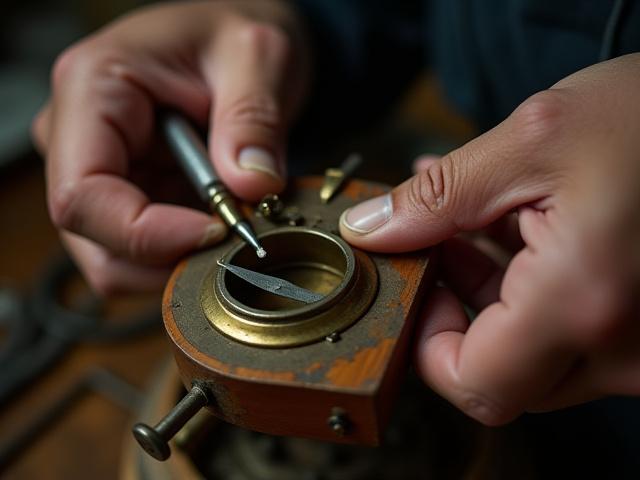 熟練された職人の手によって修復される古い木製羅針盤