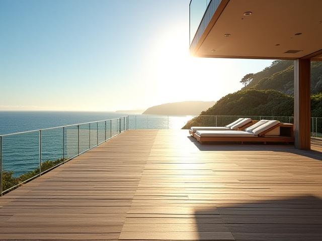 海を望む沿岸住宅の木製デッキ