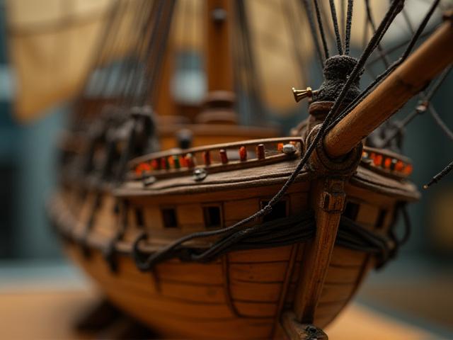 細部まで丁寧に修復された歴史的な船舶模型